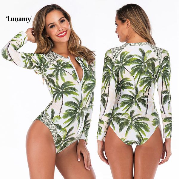 

lunamy 2019 vintage coconut tree print swimwear women one piece swimsuit long sleeves rash guards beachwear surfing bathing suit, White;black