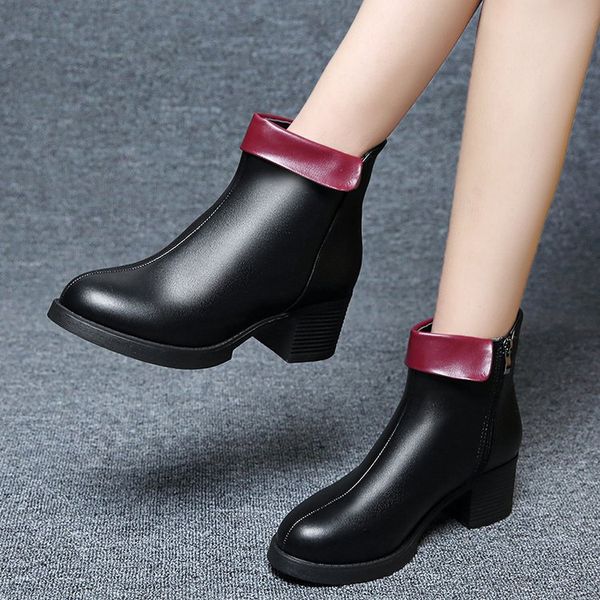 

thick with ankle boots female 2019 new thin boots autumn small small high heels spring and autumn soft leather with a singleboot, Black