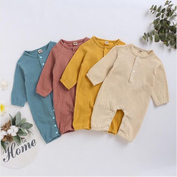 

baby rompers boys girls cotton linen jumpsuits kids solid long sleeve onesies infant casual button bodysuit climbing suit sleepwear byp648, Blue