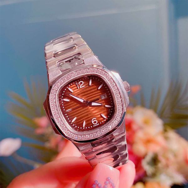 

fashion nautilus watch famous women luxury quartz watches iced out watch diamond bezel montres de luxe pour femmes wristwatch, Slivery;brown