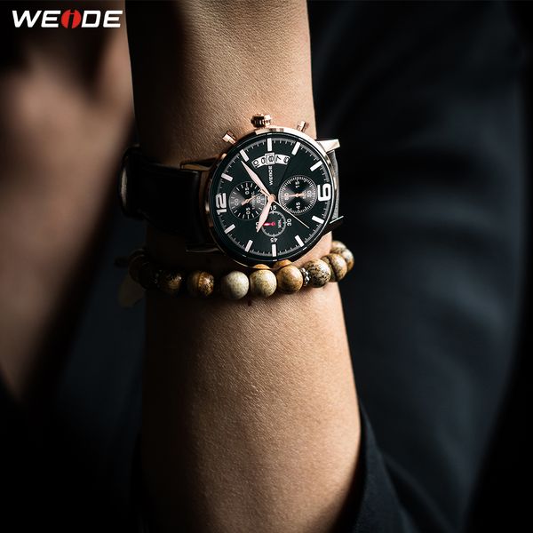 

weide mens casual sports quartz army chronograph auto date three dials black stainless steel leather strap band wristwatch clock, Slivery;brown
