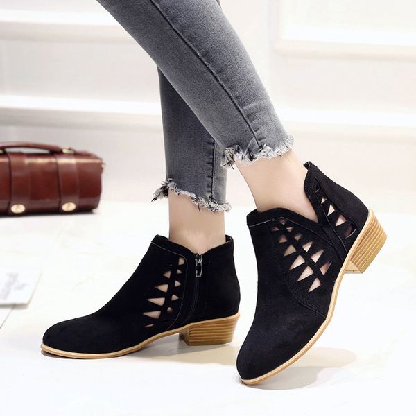 

vintage chunky boots women 2019 autumn winter low heels thick heel short ankle boots for women fashion booties hollow out shoes, Black