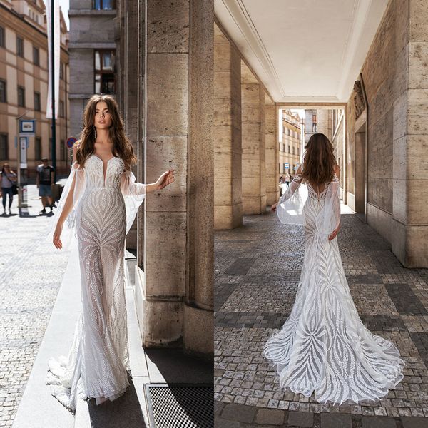 

2021 mermaid wedding dresses v neck long sleeves lace beads precious bridal gowns custom made button back sweep train robe de soiree, White