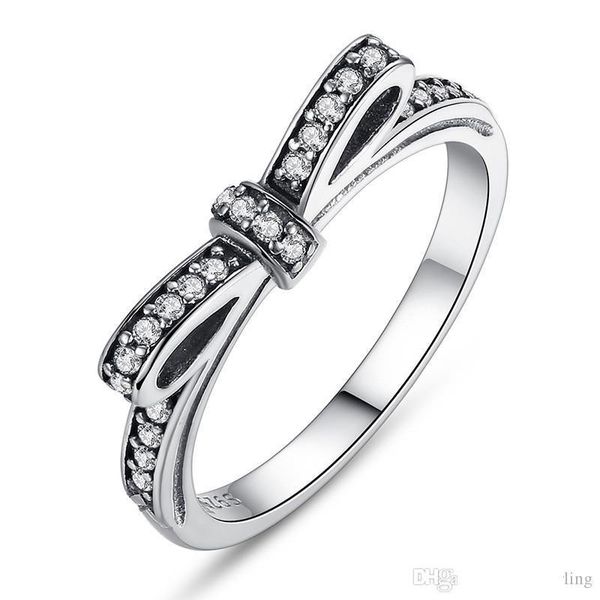 

100% 925 silver sparkling bow knot stackable ring pandora style sterling sliver wedding rings with box women birthday valentine's day g