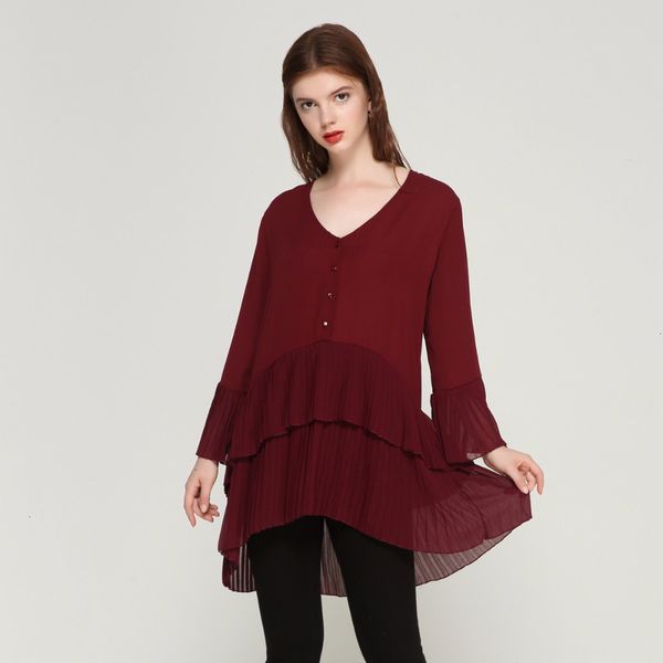 

chiffon blouses women clothing elegant v neck pleated chiffon blouse long chiffon style long sleeve sweet shirts ladies casual chic, White