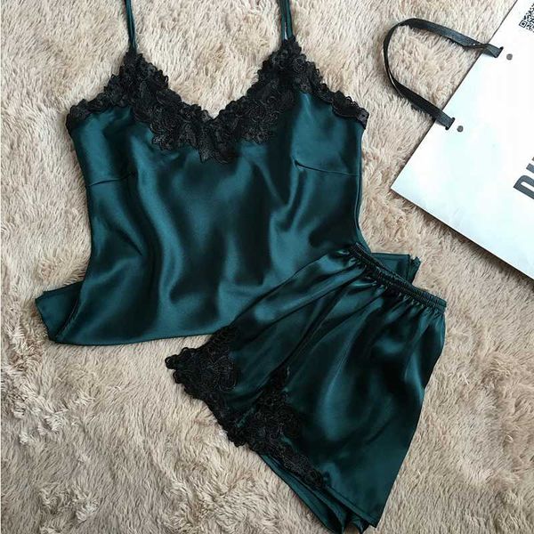 

patchwork lace women shorts pajama set breathable spaghetti strap female lingerie, Blue;gray