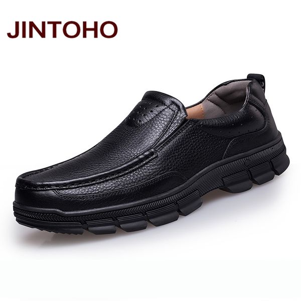 

jintoho big size men genuine leather formal shoes slip on men loafers glitter dress business shoes quality moccains flats, Black