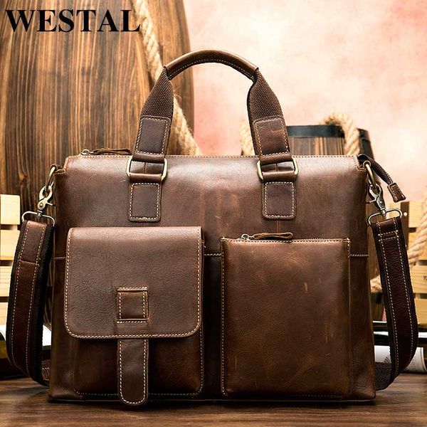 

westal bag men's genuine leather briefcase porte document leather lapbag business office for men vintage handbag tote