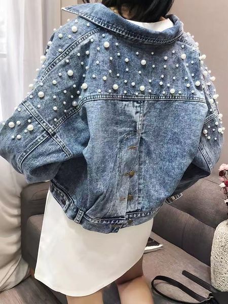 

industrial beads short jeans coat women's slimming korean-style slit coat versatile bat sleeve loose-fit long sleeve, Black;brown