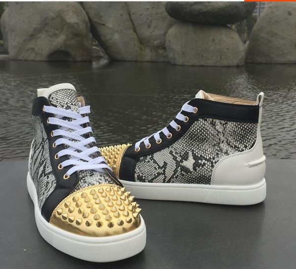 

high snake leather spikes casual flats red bottom luxury shoes 2017 new for men and women party designer sneakers lovers genuine leather, Black