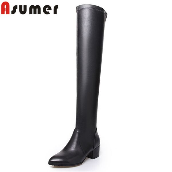 

asumer 2018 autumn boots pointed toe over the knee boots classic black thick heels pu+ genuine leather women