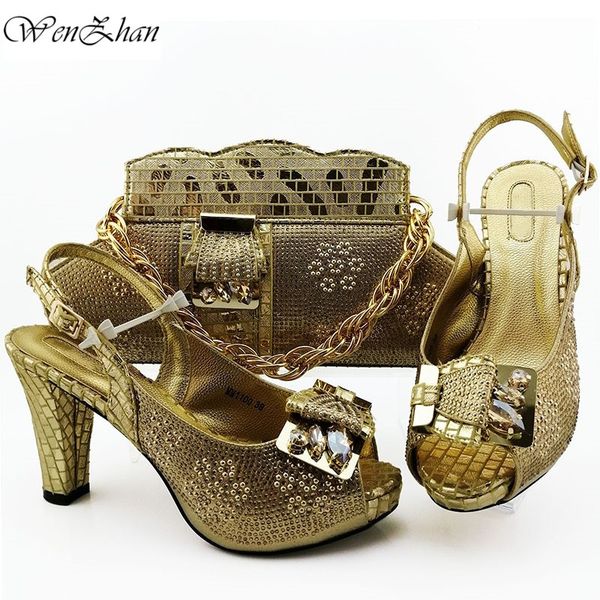 

wenzhan gold open toe shoes and handbag purse set with crystal for wedding party b911-8, Black