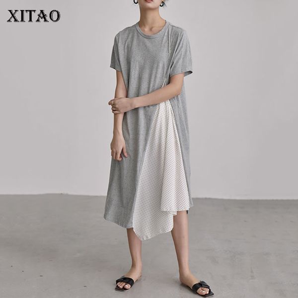 

xitao] нерегулярные женщины корея мода новый 2019 лето о-образным вырезом с коротким рукавом платье лоскутная dot mid-calf dress xj1390, Black;gray