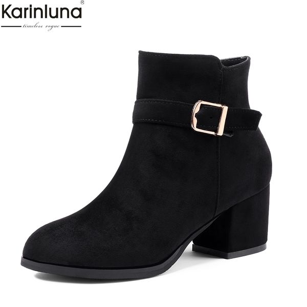 

karinluna 2018 dropship large size 32-45 autumn winter add fur women ankle boots shoes square heels woman shoes female boots, Black