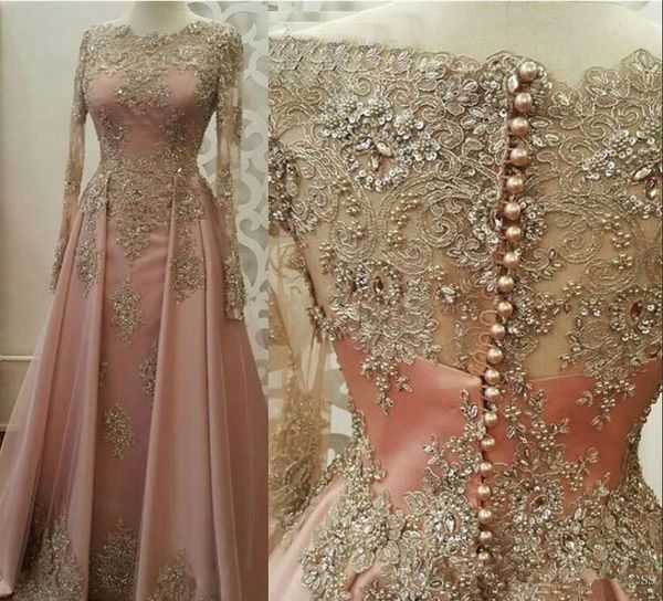 2019 New Blush Glamorous Dubai Vestidos de Noite Formal de Manga Longa Jóia Trem Da Varredura Apliques Frisado Ocasião Especial Vestido Vestidos de Festa de Formatura