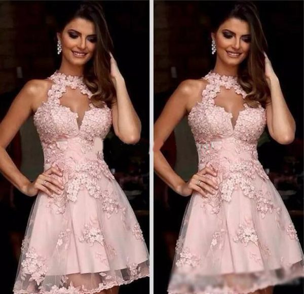 

latest arrival pink lace homecoming gowns short high collar applique knee length prom party dresses cocktail gowns 2020, Blue;pink