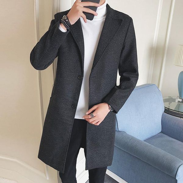 

m-5xl plus size korean style men tweed coat knee length autumn winter streetwear blend wool trench peacoat fashion xxxxxl, Black
