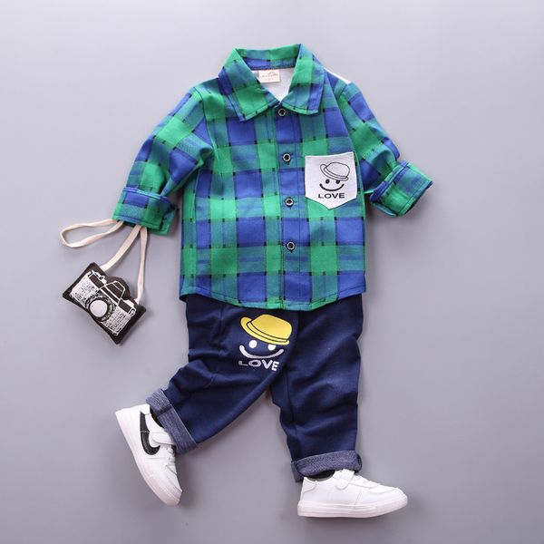 

bibicola new spring autumn boys sport suit children boys clothing set toddler casual tracksuit kids plaid shirts +pants sets, White