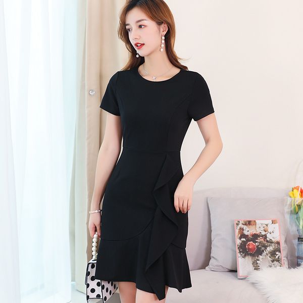 

spring-summer new korean version of slim thin-large-size short sleeve fashion solid color skirt dress women's, Black;pink