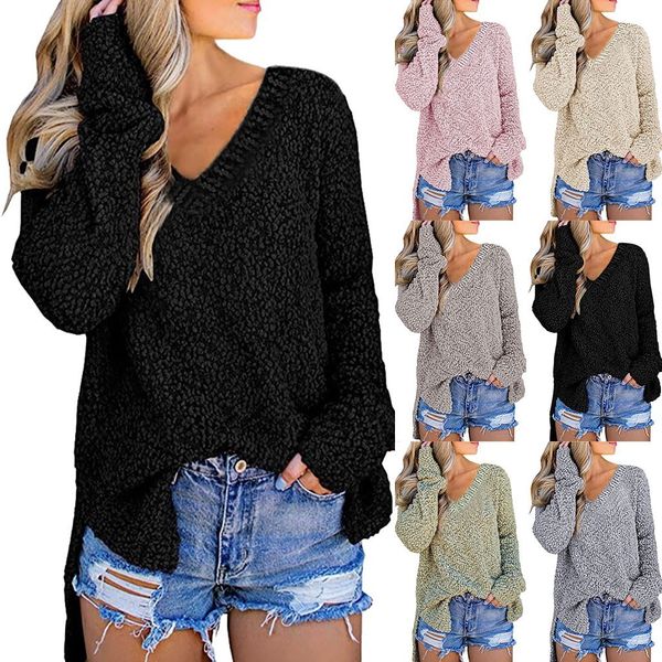 

long sleeve o neck fashion loose harajuku women casual v-neck pullover long sleeve solid color loose knitted sweater, White;black