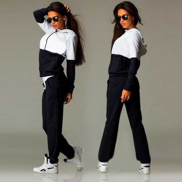 

fashion 2pcs set women sweatshirt suit patchwork color female sporting suit hooded zip up hoody+long pants tracksuits hoodies, White