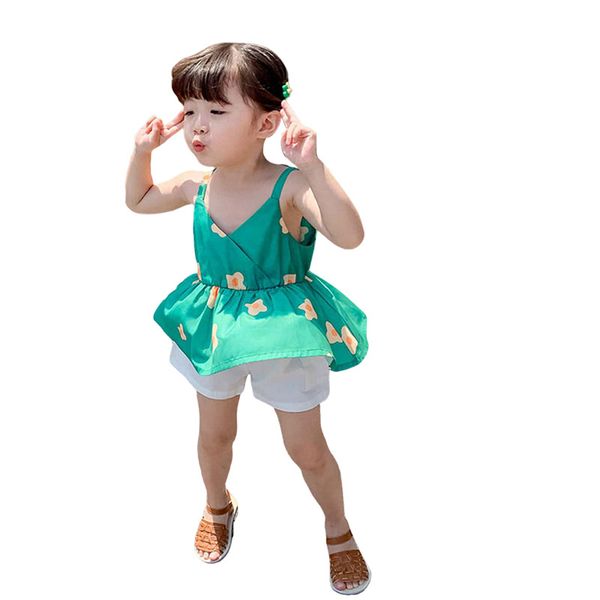 

2020 summer kids girls casual floral print sleeveless v-neck strappy t shirt jumpsuit dress for girls, Red;yellow