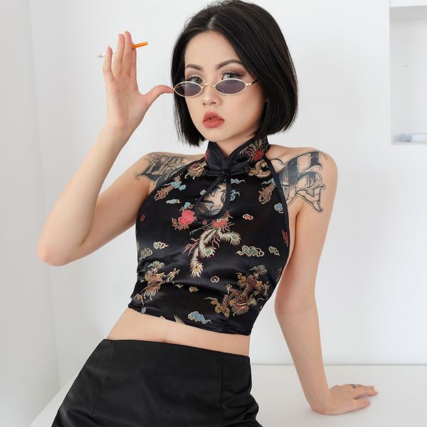 

tank for women tank dragon vintage embroidery bralette crop women summer lace up halter backless hollow tank top, White
