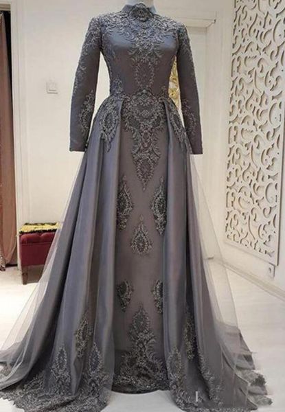 

muslim gray lace prom gowns with over-skirt 2019 vintage evening gowns high collar full sleeves mother formal party dresses, Black
