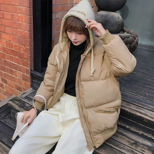 

2018 new style korean-style embroidered letters hooded thick cotton-padded clothes women's loose-fit students down coat winter f, Blue;black