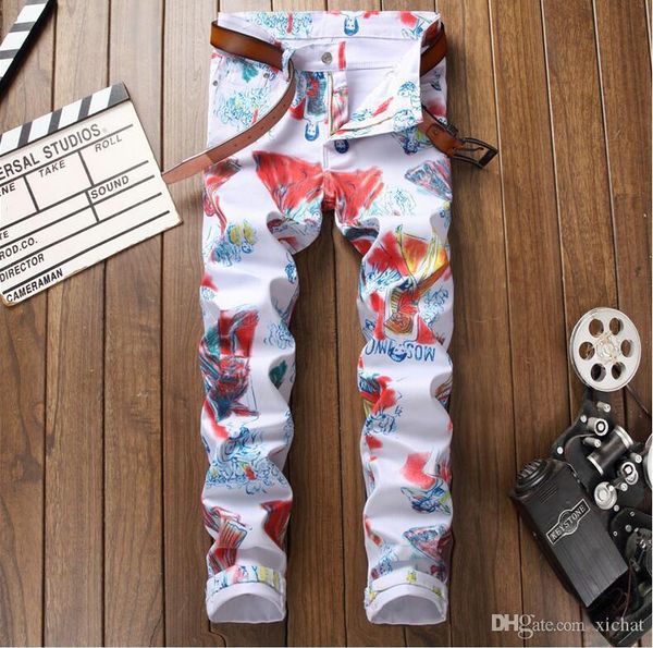 

популярные мужские printed белый тонкий джинсы fit brand new summer дизайнер натяжные streetwear джинсовые брюки брюки 5004, Blue