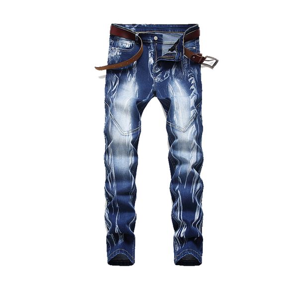

hemiks stretched moto men's denim pants straight ripped biker slim fit trousers skinny mid waisted male jeans with pockets, Blue