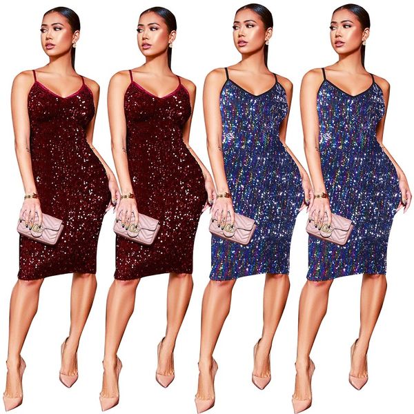 

womens nightclub dress sequined sling short dress v neck knee dresses sleeveless 2019 summer clothing, Black;gray