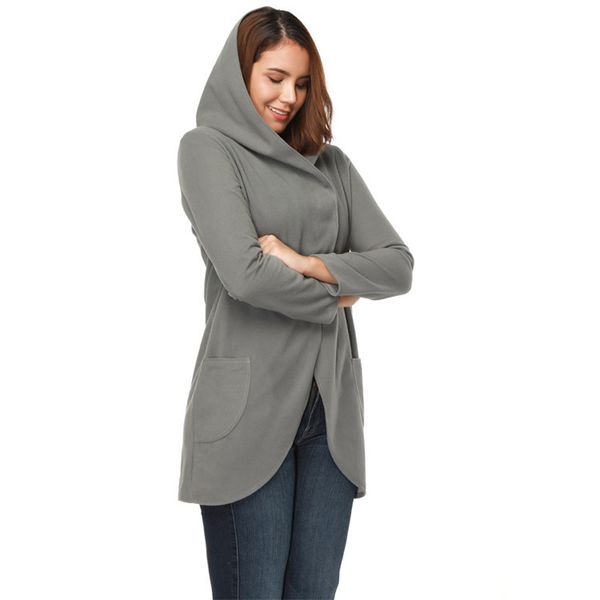 

newly women winter coat hooded cardigan woolen overcoat pockets long sleeves female wrap ir-ing, Black