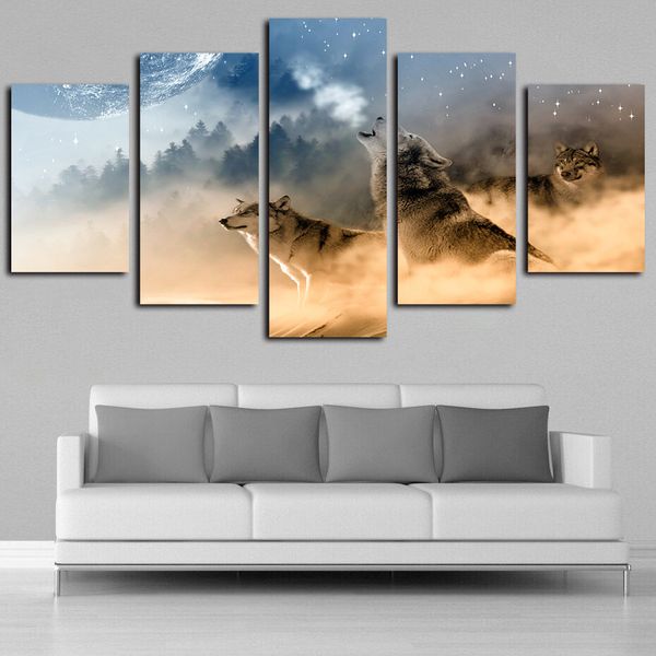 

giclee canvas art print artwork 5 panels winter misty morning forest wolfs animal picture printed on canvas oil painting wall art for home
