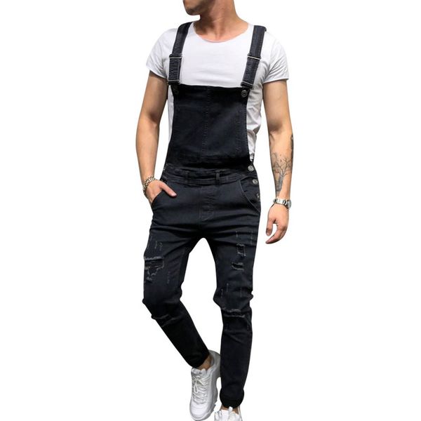 

adisputent 2019 spring autumn men fashion ripped jeans carpenter overalls bib jumpsuits street distressed denim suspender wear, Blue