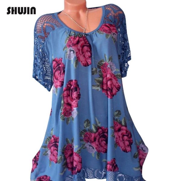 

SHUJIN 5XL Plus Size Women Dress 2018 New Summer Short Sleeve Vintage Floral Print Casual Dress Female Lace Hollow Out Vestidos