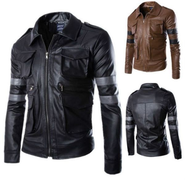 

men's classic temperament pu leather sleeves striped hit color design jacket, Black