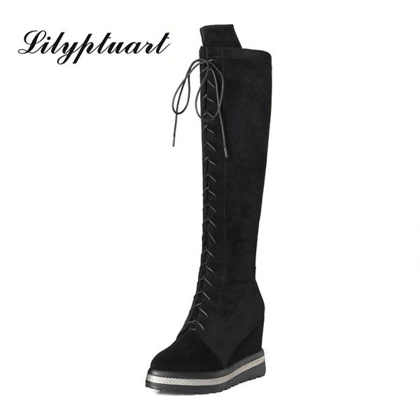 

european and american style cow suede material front lace-up boots round head wedge chain rubber soles fashion boots women, Black