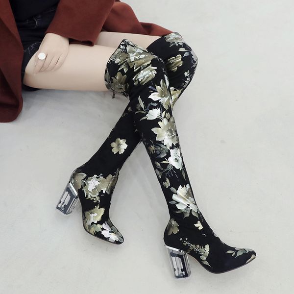 

ladies flower leather over the knee boots pointed toe inside printing lucency heels thigh boots ladies chunky heels botas, Black