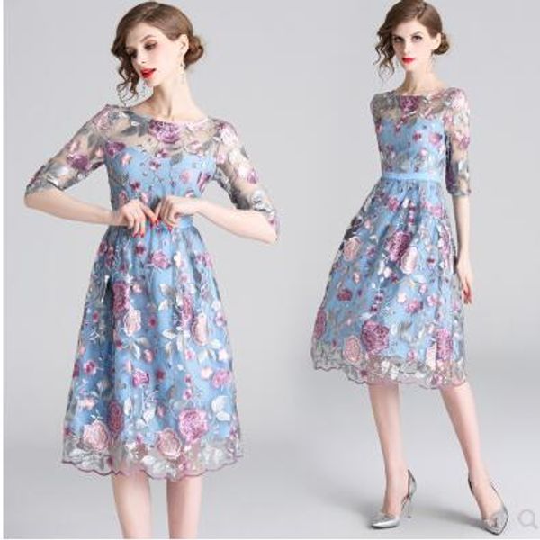 Novo design feminino com decote em bico meia manga gaze bordado flores fofo doce estilo princesa cintura alta vestido longo midi vestidos