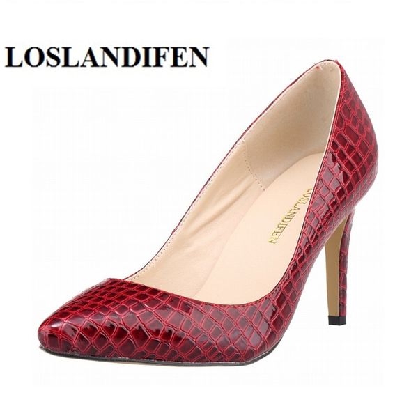 

loslandifen women pump crocodile skin pattern wedding ladies party high heels shoes pointed toe women shoes zapatos femininos, Black