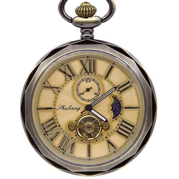 

golden moon phase mechanical pocket watch roman number tourbillon dial pendant chain men women pjx1398, Slivery;golden