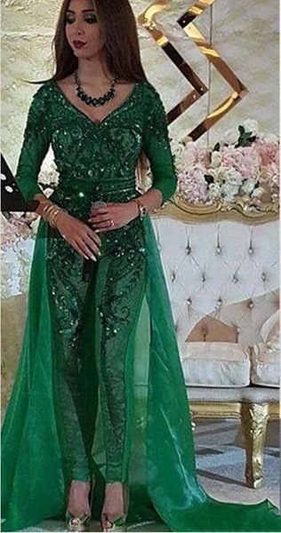 

myriam fares jumpsuit evening dress green v neck long sleeve lace sequined dress evening wear floor length formal celebrity prom gowns, Black;red