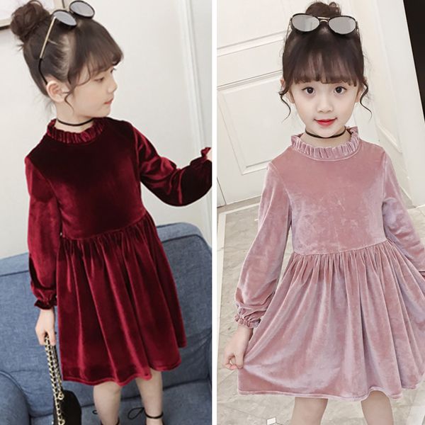 

pink velvet girls dress long sleeve kids dresses for girls elegant princess dress winter girl dresses clothing robe fille 4-14y, Red;yellow