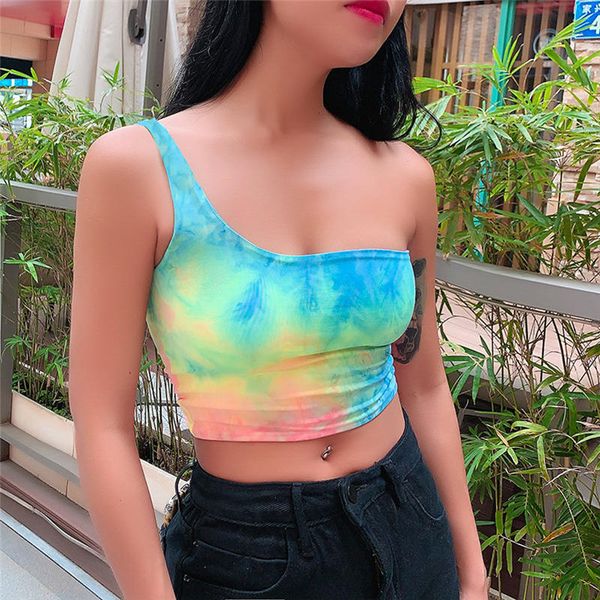 

fashion 2020 tie dye print one shoulder short tank summer female sleeveless crop vest streetwear, White