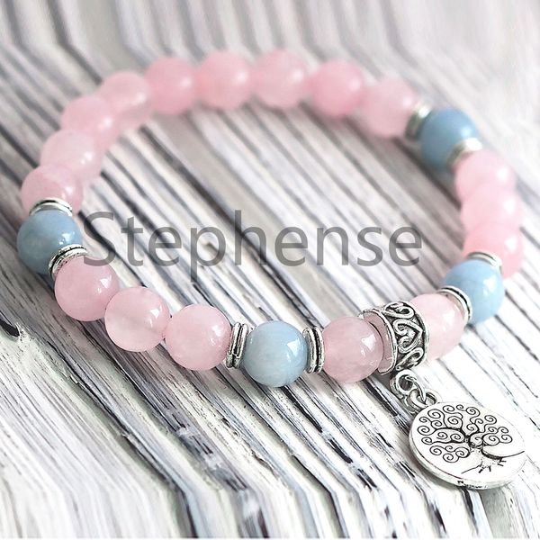 MG0640 Damen-Armband mit Rosenquarz, Aquamarin-Energiearmband der Güteklasse „Baum des Lebens“, Yoga-Mala-Armband