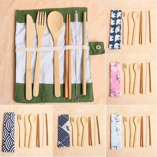 

7pcs/set portable cutlery set outdoor travel bamboo flatware set knife spoon chopsticks fork spoon dinnerware sets an1947
