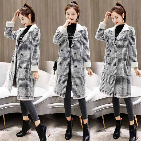 

2019 spring autumn women's wool plaid coat new fashion long woolen coat slim type female winter wool jackets female outw, Black