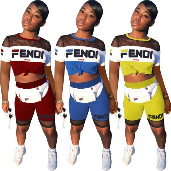 

дизайнер женская одежда с короткими рукавами шорты наряды 2 шт. набор сексуальный сетчатый спортивный костюм бег спортивный костюм обшитый п, Red