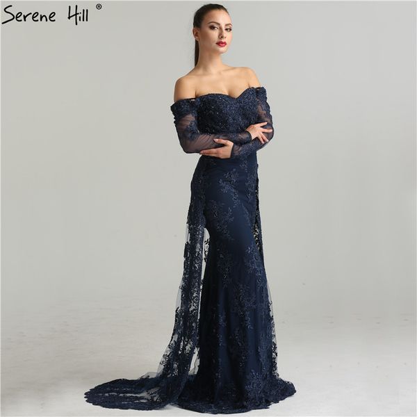 

long sleeve embroidery pearls evening dresses 2019 fashion elegant lace mermaid evening gown la6377, White;black